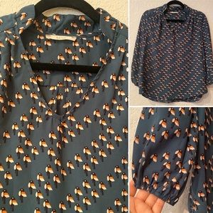 Ezra | Green Birds Sparrow Print Blouse Top